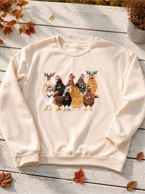 SHEIN Curve 2X Christmas Chicken Graphic Sweatshirt Cream Farmhouse Holiday
